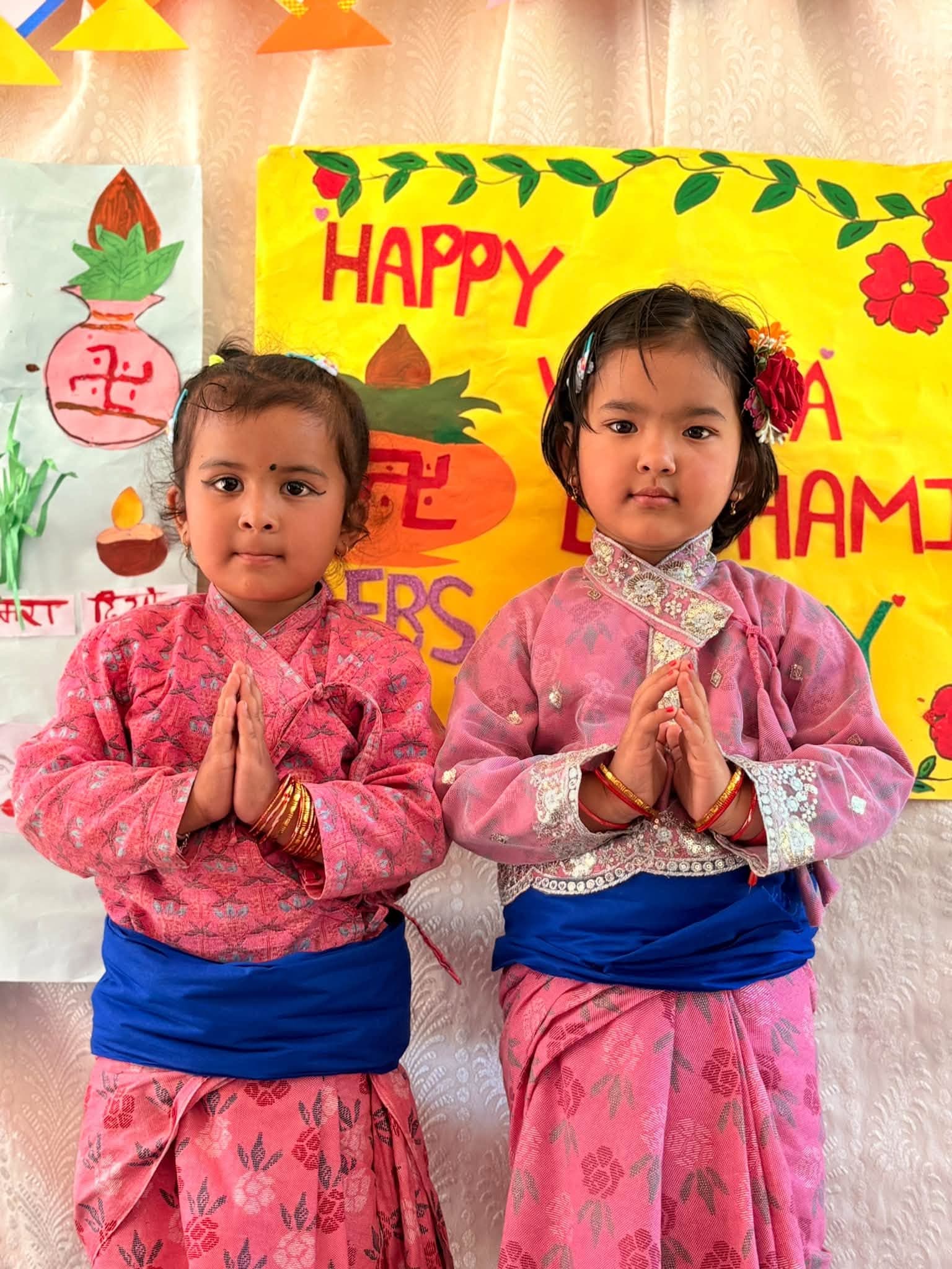 Students greeting with namaste